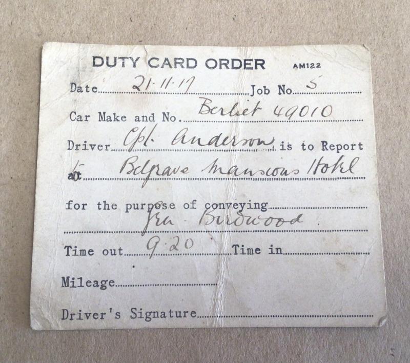An Interesting WW1 Duty Card Order  to Collect General William Birdwood