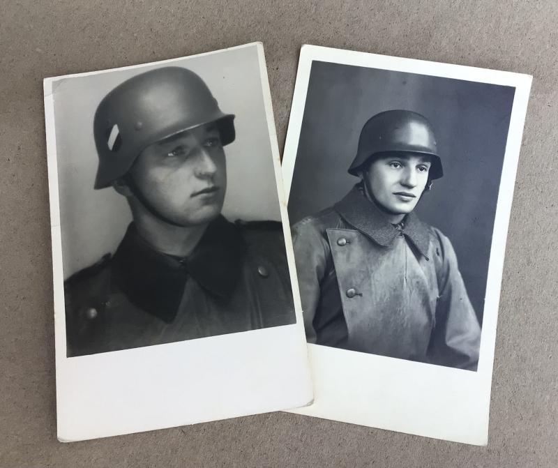 Germany WW2 Pair of Studio Photos of Two Army Soldiers wearing Helmets.