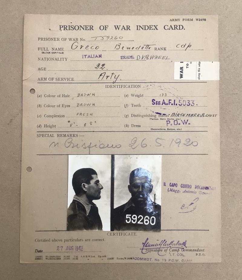 WW2 Italian POW Personal Details File Card