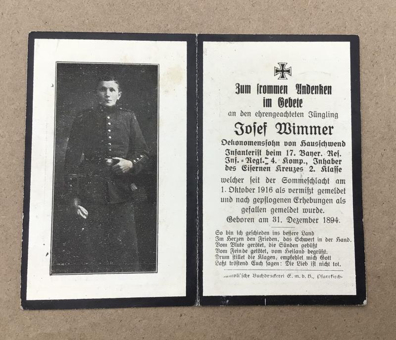 German WW1 Death Card