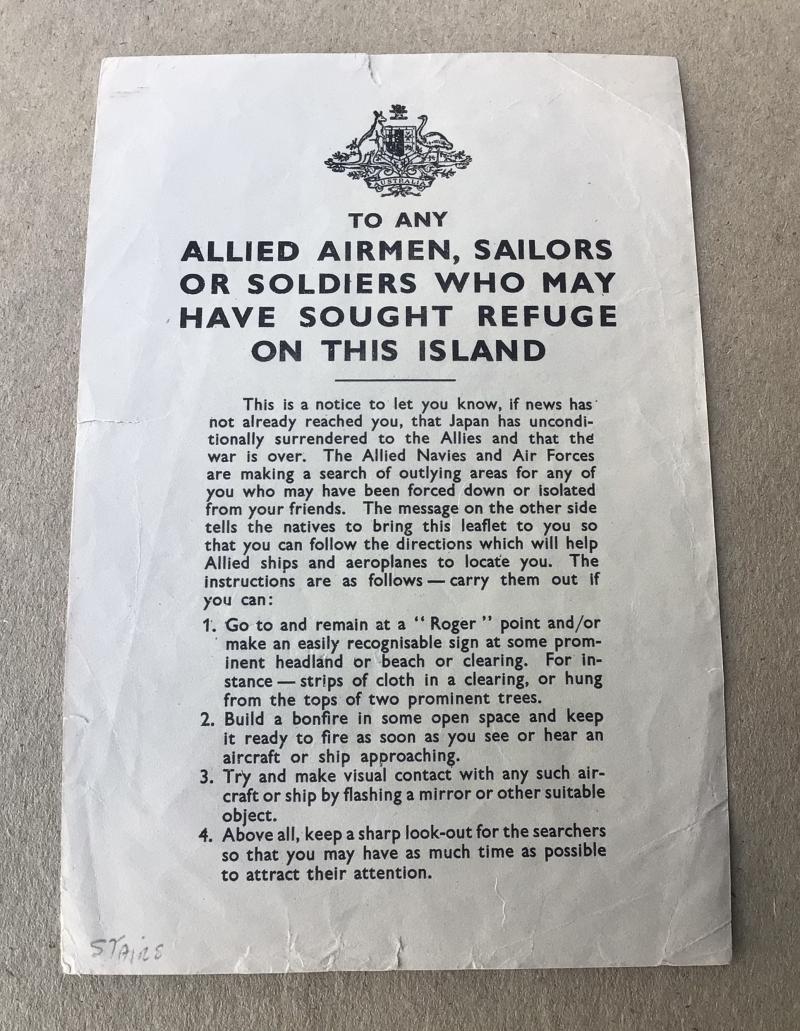 Australia WW2 Air Drop Leaflet to Evading Allied Soldiers- War is Over